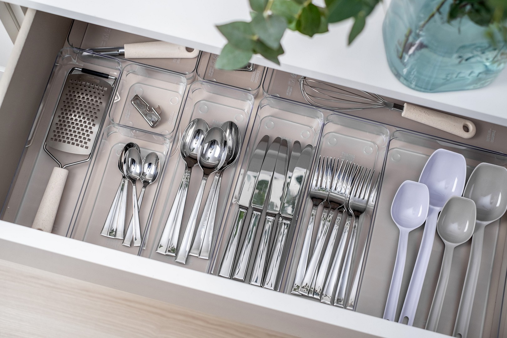 SmartStore Compact Clear Sort Organisers in a kitchen drawer