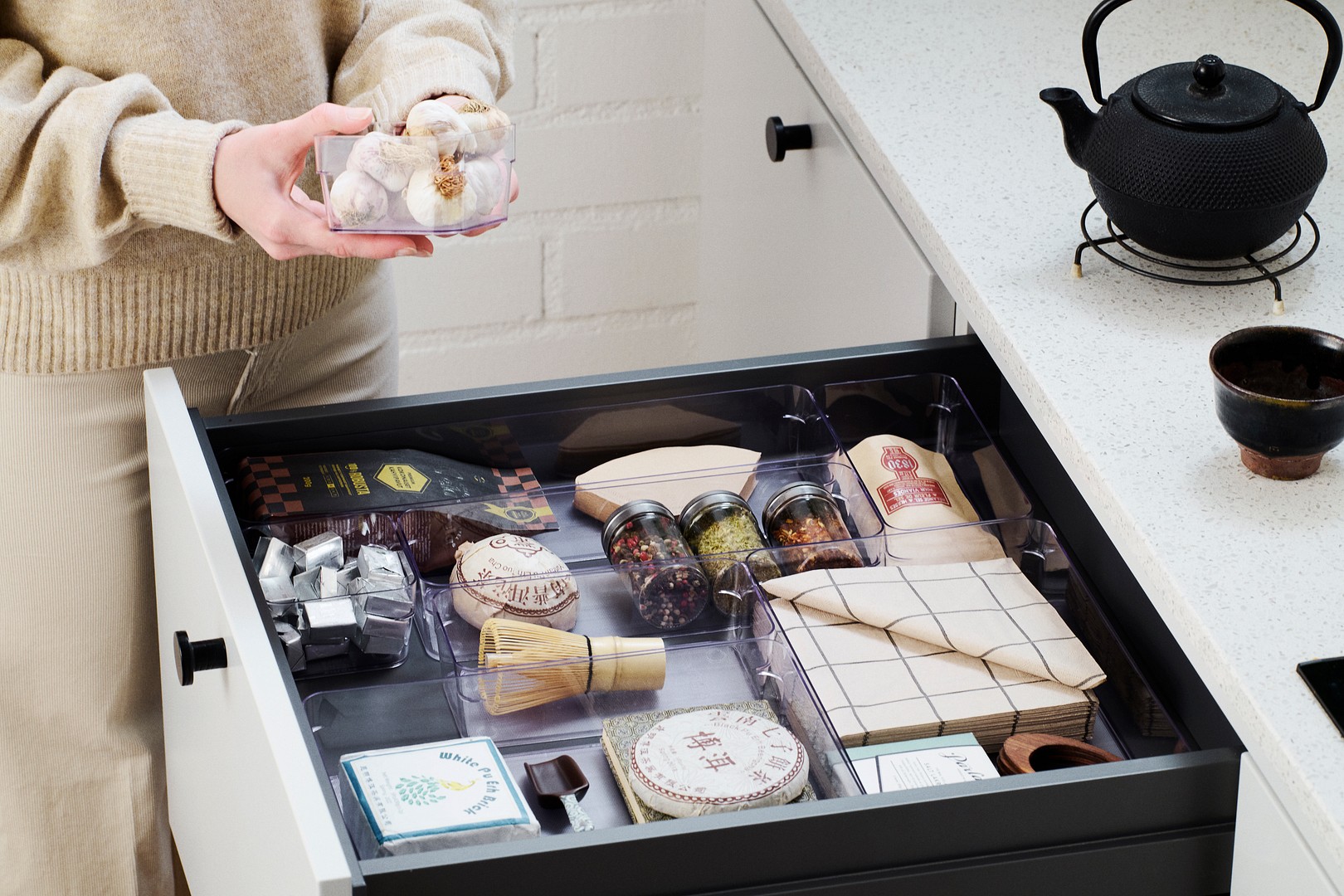 SmartStore Compact Clear Sort Organizers in a kitchen drawer