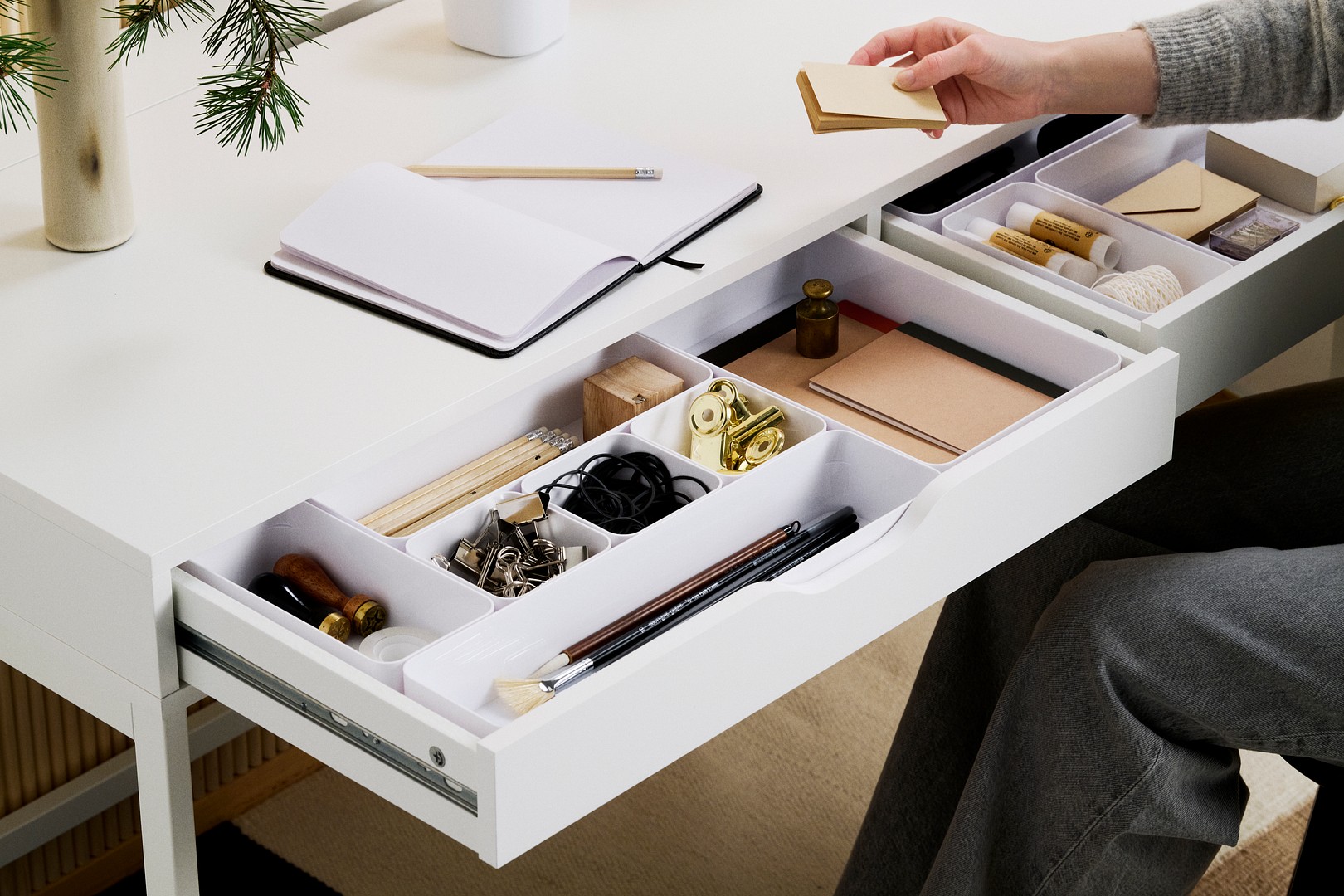 SmartStore Compact Sort organisers in an office drawer