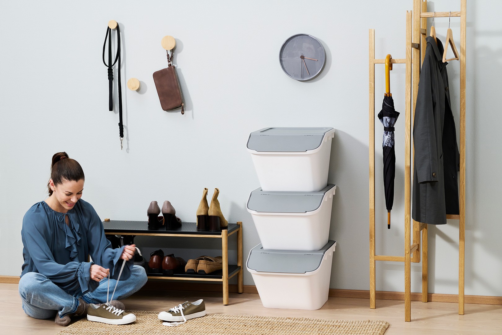 SmartStore Collect Stack-it bins in a hallway