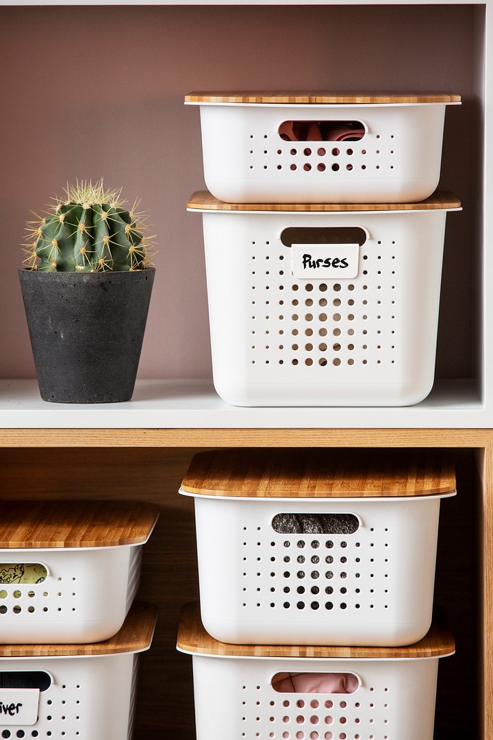 SmartStore Basket storage boxes in hallway shelf